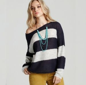 Striped Off-Shoulder Sweater - Navy and White